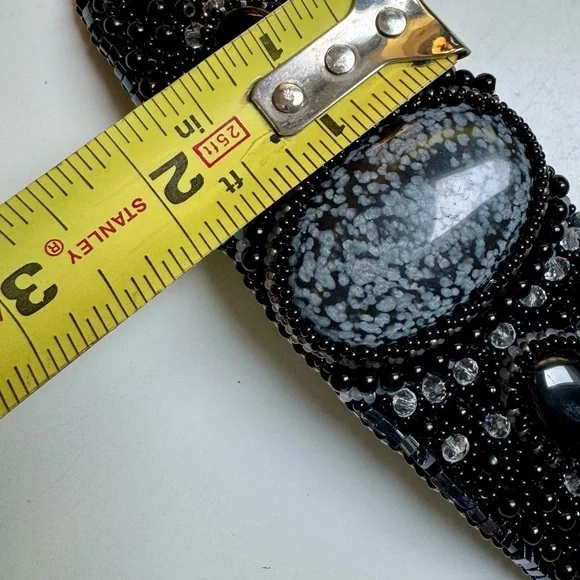 Artisan Vintage Genuine Agate~Obsidian Black Onyx Jet Bead cuff~Leather lined